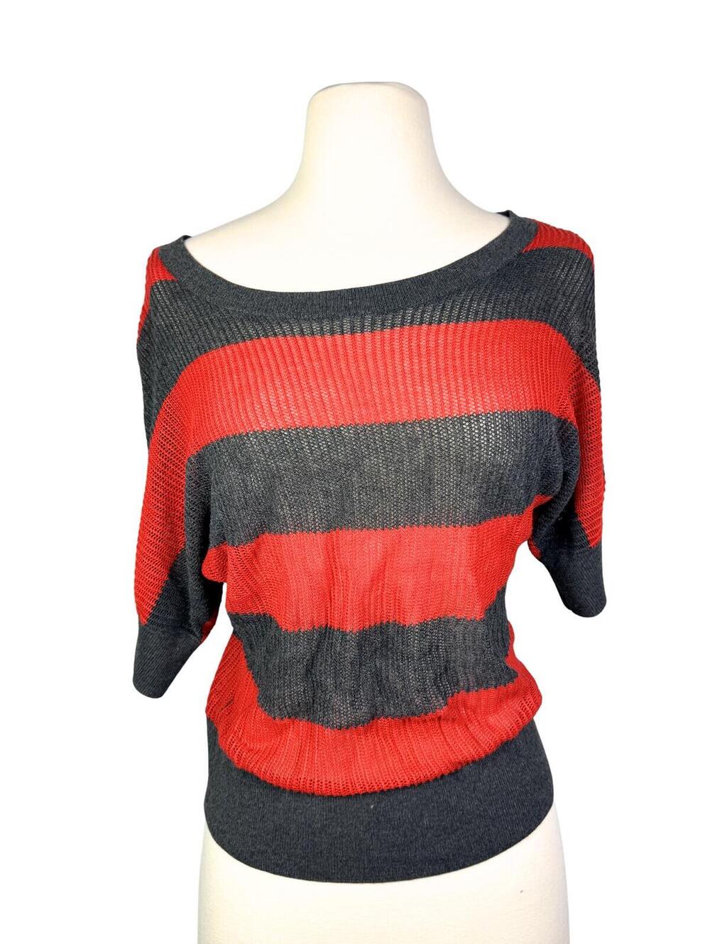 Indie Sleaze Red Black Striped Sheer Knit Dolman Sweater Large